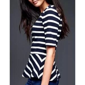 Gap Navy Blue x White Stripe Peplum Top Back Zip Nautical S